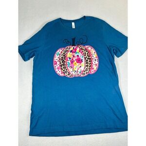 Bella+Canvas T-Shirt Women Large Blue Floral Leopard Pumpkin Graphic Tee Festive